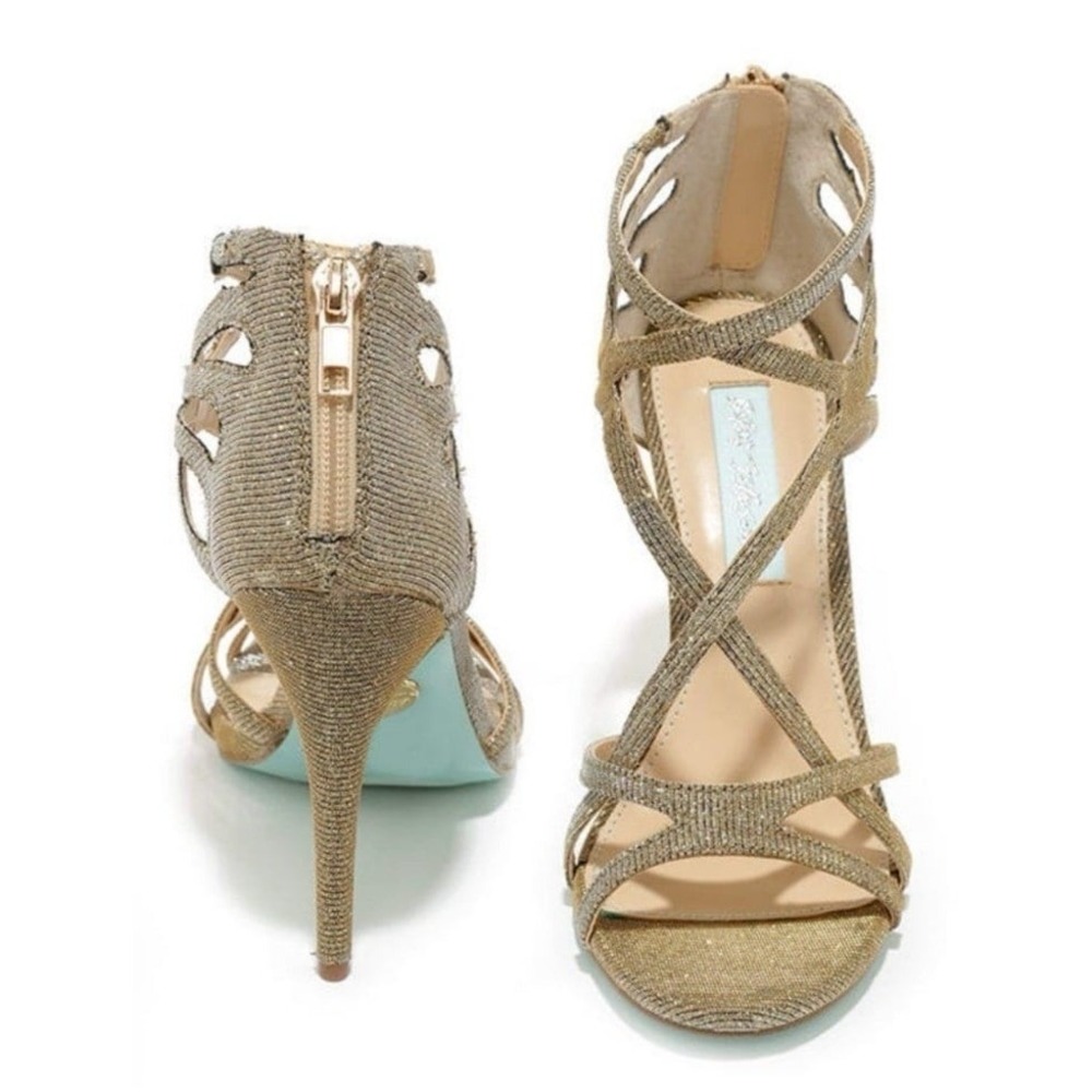 Betsey Johnson Gold Glitter Strappy Heels Evening Party Shoes - Picture 2 of 4